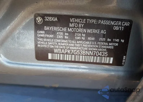 2011 BMW 328I xDrive из США, поврежденный, VIN WBAPK7G53BNN70435